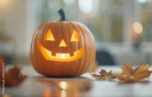 Lit Black Jack-O-Lantern on Table