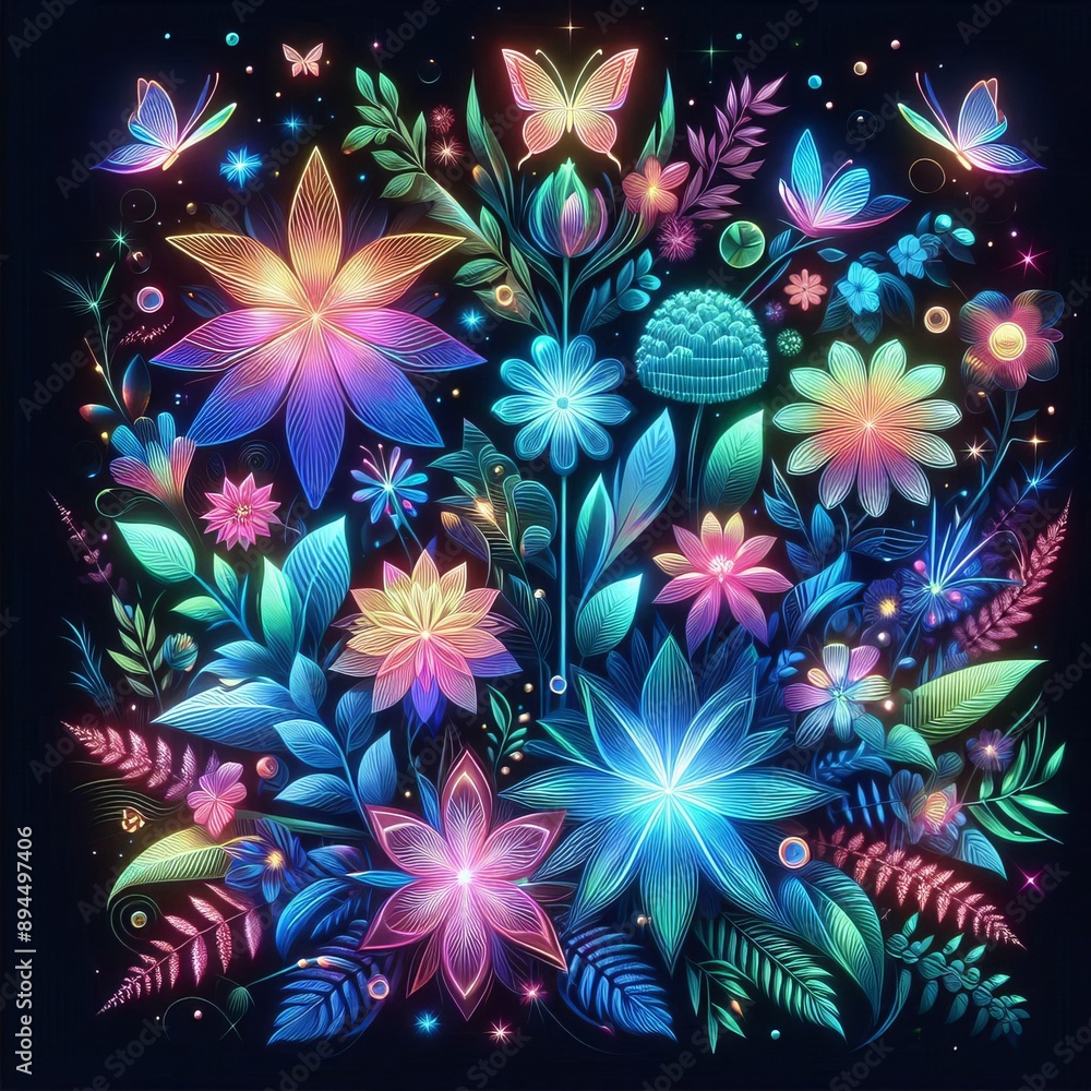 189 61. Neon botanical garden holographic illustration_ A hologr 189 61. Neon botanical garden holographic illustration_ A hologr