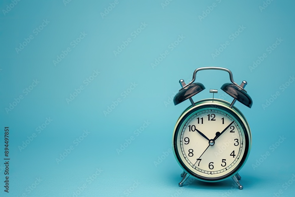 Retro alarm clock on blue background, time concept Retro alarm clock on blue background, time concept