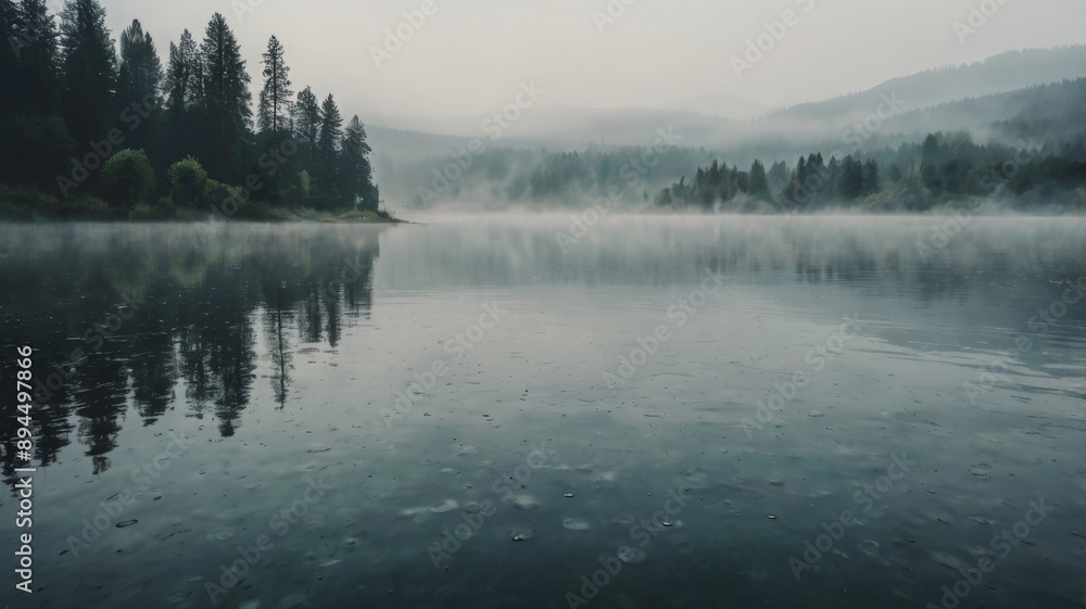 Foggy Lake with Silhouetted Trees. Foggy Lake with Silhouetted Trees.