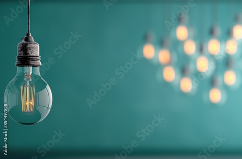 Single Lightbulb Hanging Against Teal Wall