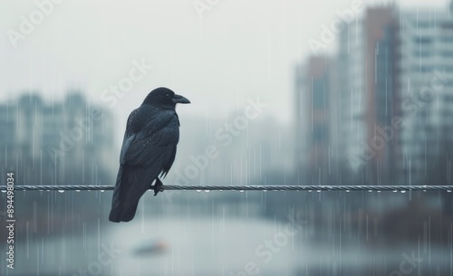 Crow on Wire in Rainy City