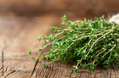 Fresh Thyme Sprigs on Wooden Table