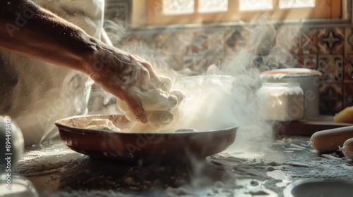 The hands kneading dough photo