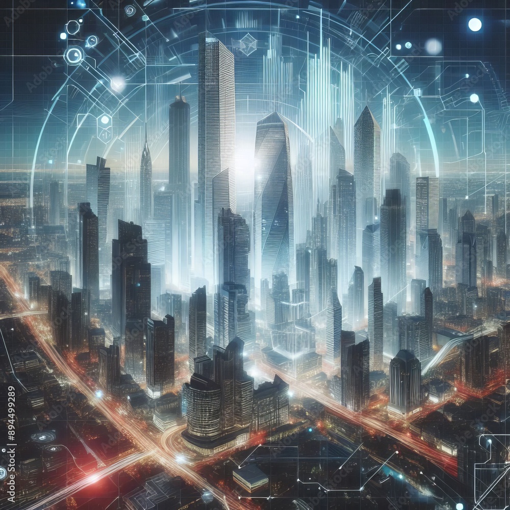 232 64. A holographic illustration of a bustling city skyline, w 232 64. A holographic illustration of a bustling city skyline, w