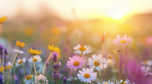 Fototapeta Naklejka Na Ścianę i Meble -  Wildflowers In Golden Sunset Light