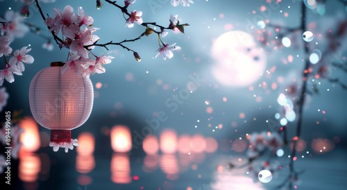 Cherry Blossoms and Lanterns Under a Full Moon