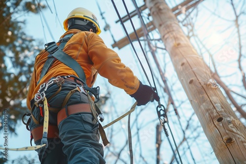 Technician wearing a harness while working on a power line