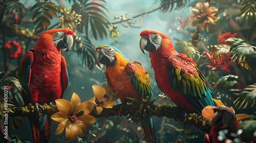 Wallpaper Mural Vibrant parrots perched amid lush tropical foliage in a dense jungle, capturing the essence of wildlife and natural beauty. Torontodigital.ca