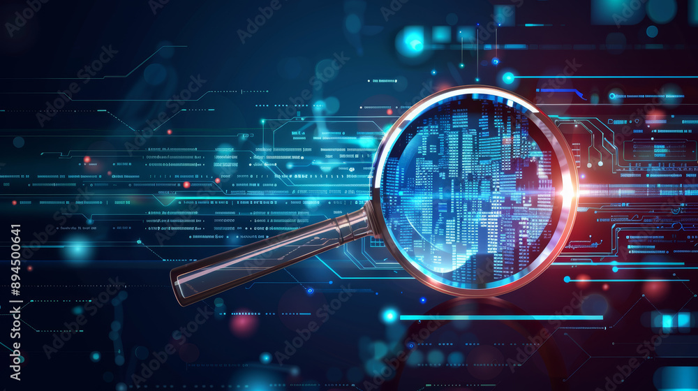 Magnifying glass on a background of state-of-the-art electronic technology. The image depicts a magnifying glass symbolizing detailed analysis and search, with advanced electronic elements, Magnifying glass on a background of state-of-the-art electronic technology. The image depicts a magnifying glass symbolizing detailed analysis and search, with advanced electronic elements,