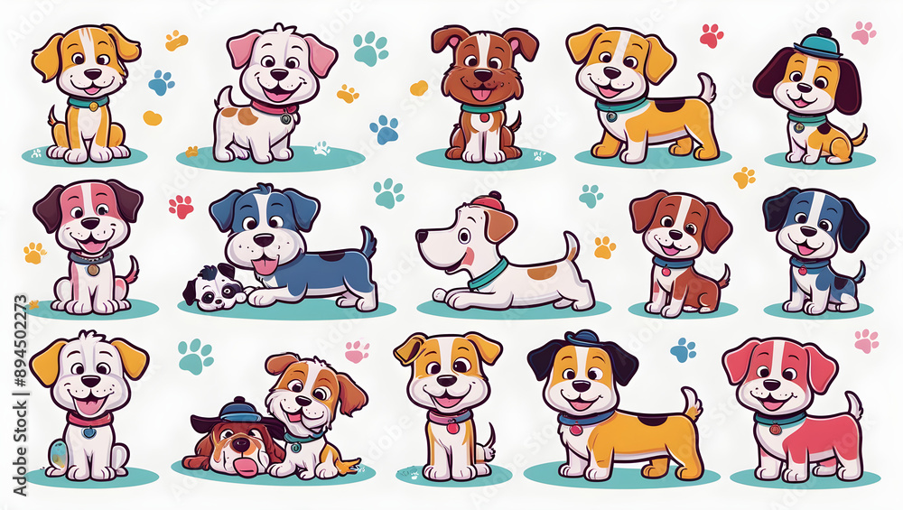 Obraz premium Vibrant, playful doodle set of cartoon dog or puppy characters in various fun poses, each with its own unique personality, on a crisp, clean white background, generative ai 