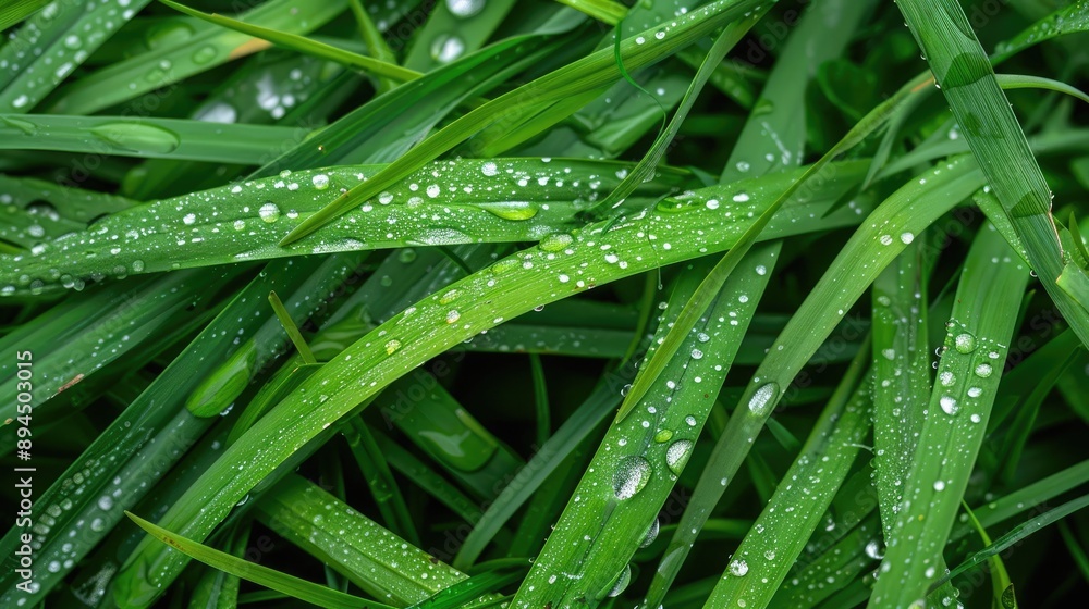 Close-up of spring grass with water droplets, leaf background with summer rain Close-up of spring grass with water droplets, leaf background with summer rain