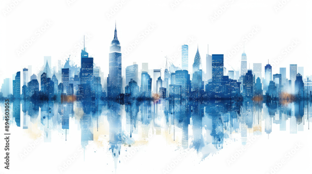 Blue watercolor cityscape with skyline reflection on a white background, featuring tall buildings and skyscrapers in abstract style. Blue watercolor cityscape with skyline reflection on a white background, featuring tall buildings and skyscrapers in abstract style.