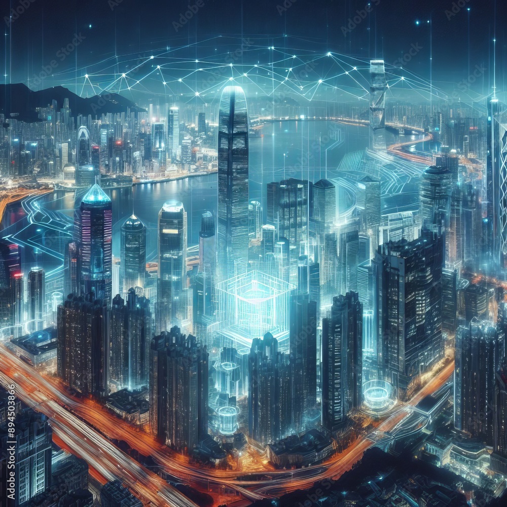 437 3. A holographic illustration of a futuristic cityscape, wit 437 3. A holographic illustration of a futuristic cityscape, wit