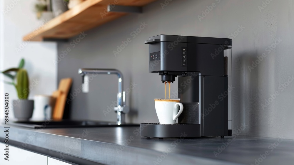 A stylish, modern coffee maker on a sleek kitchen counter, with a cup of freshly brewed coffee A stylish, modern coffee maker on a sleek kitchen counter, with a cup of freshly brewed coffee