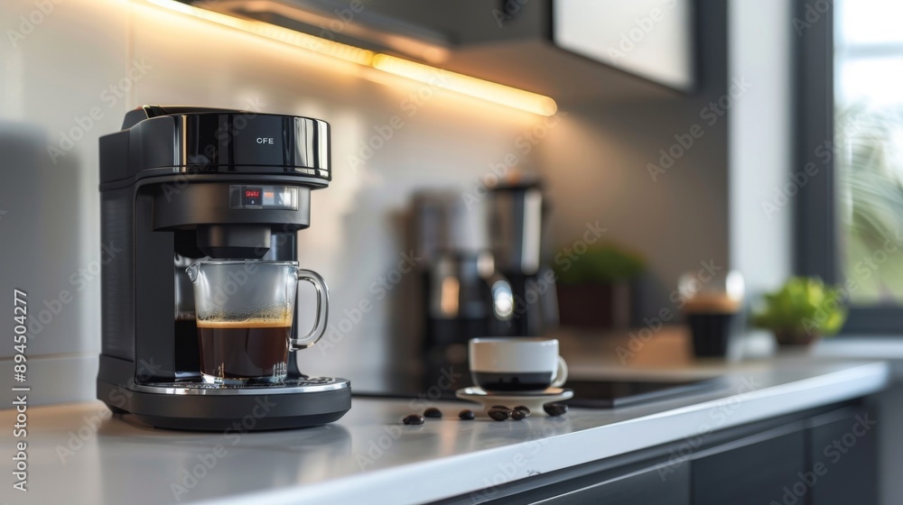 A sleek, modern espresso machine brewing a fresh cup of coffee in a stylish kitchen. A sleek, modern espresso machine brewing a fresh cup of coffee in a stylish kitchen.