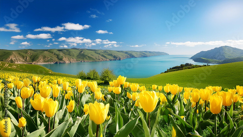 Firefly yellow tulips growing in the green field with the view of a lake from afar