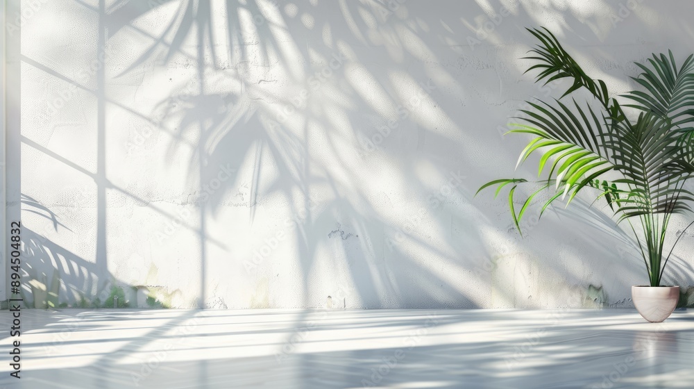 Sunlit studio background for product display. Window shadow on empty white wall and floor. Summer atmosphere. Blurry background Sunlit studio background for product display. Window shadow on empty white wall and floor. Summer atmosphere. Blurry background