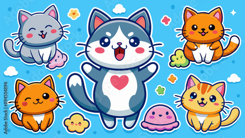 Funny and Cute Cat Stickers Vector Illustration
