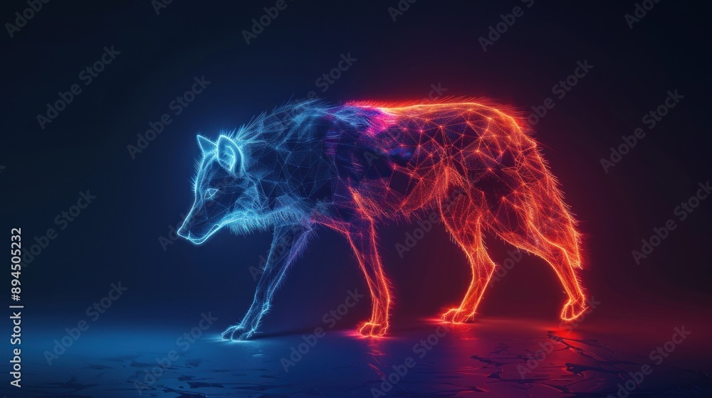 Fototapeta premium A glowing wolf stands in a dark environment its body comprised of bright blue and orange lines that connect to form a detailed outline