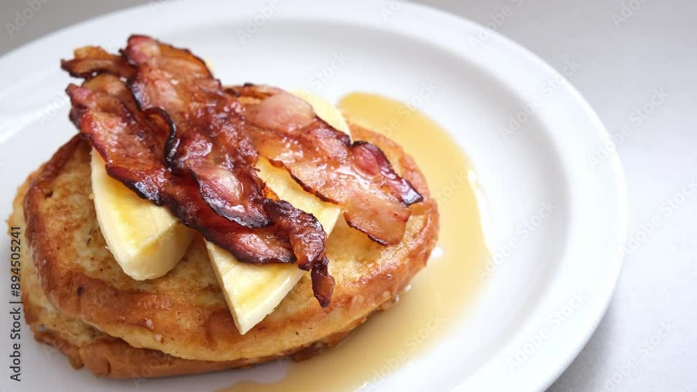 French toast with bacon, banana and maple syrup, close-up. American breakfast recipe. French toast with bacon, banana and maple syrup, close-up. American breakfast recipe.