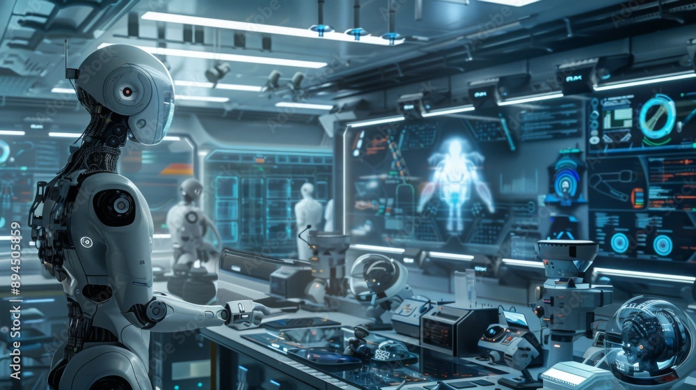 A white humanoid robot stands at a desk in a futuristic lab, surrounded by other robots and advanced technology. Large screens display digital information and schematics. A white humanoid robot stands at a desk in a futuristic lab, surrounded by other robots and advanced technology. Large screens display digital information and schematics.