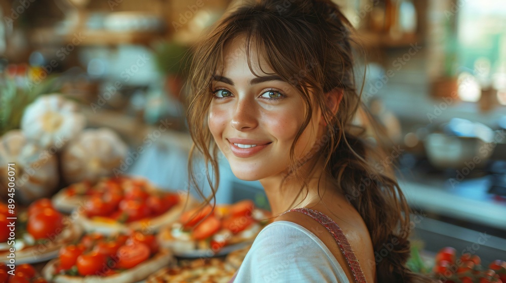 a raw foodist woman enjoying a raw pizza she takes a bite of a slice topped with fresh vegetables a plate with more slices is on the table a raw foodist woman enjoying a raw pizza she takes a bite of a slice topped with fresh vegetables a plate with more slices is on the table