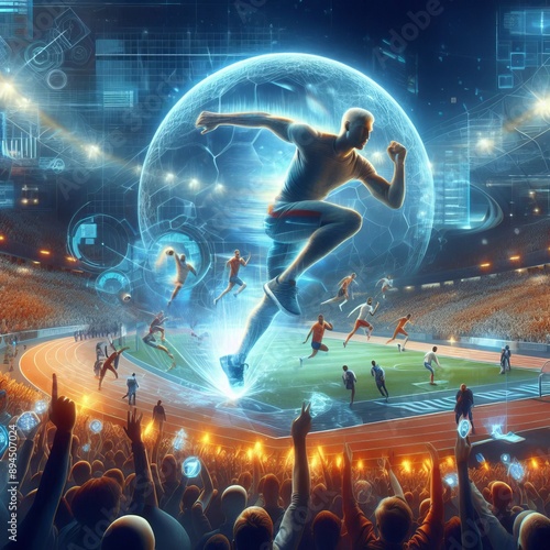  A holographic illustration of a dynamic sports scene, with athl photo