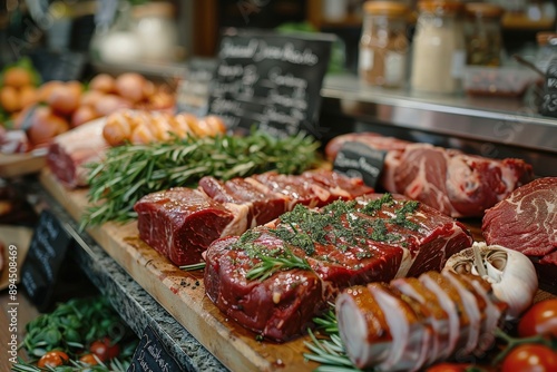 Different portions of raw marbled meat are meticulously arranged and garnished with fresh herbs, resting on a gleaming wooden counter, ready for selection at the butcher's shop. photo