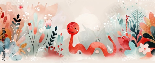 Red Worm in a Floral Garden