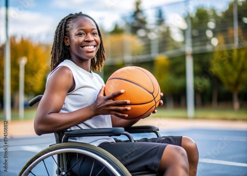 smiling young disabled afro american female basketball player holding a ball while sitting on wheelchair at outdoors court