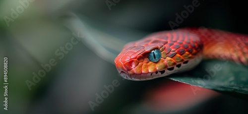 Red Snake With Blue Eyes on a Leaf