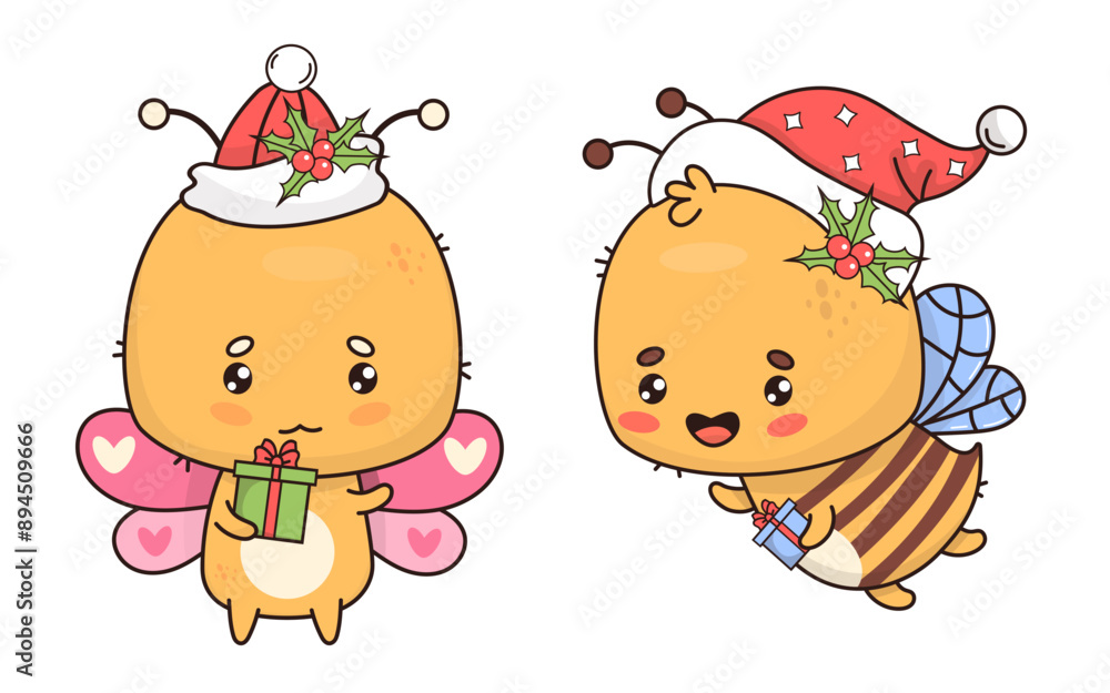 Naklejka premium Cute Christmas butterfly and bee in Santa hat with gift. Isolated funny Festive cartoon insect kawaii character. Vector illustration. Kids collection