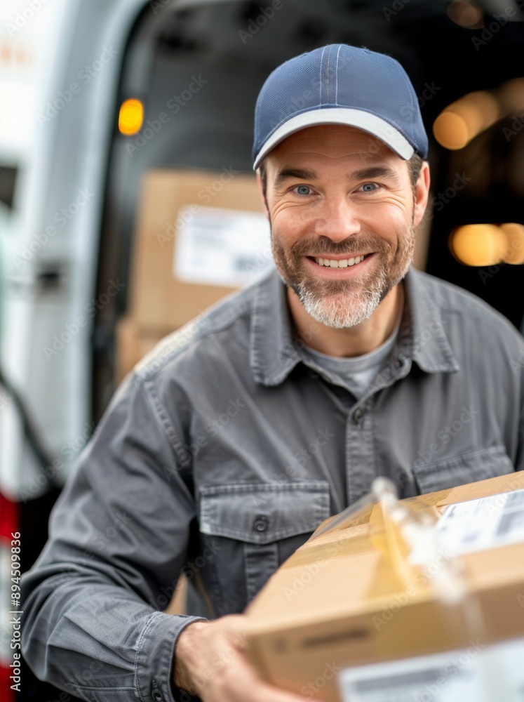 Smiling Delivery Driver Holding Package Smiling Delivery Driver Holding Package