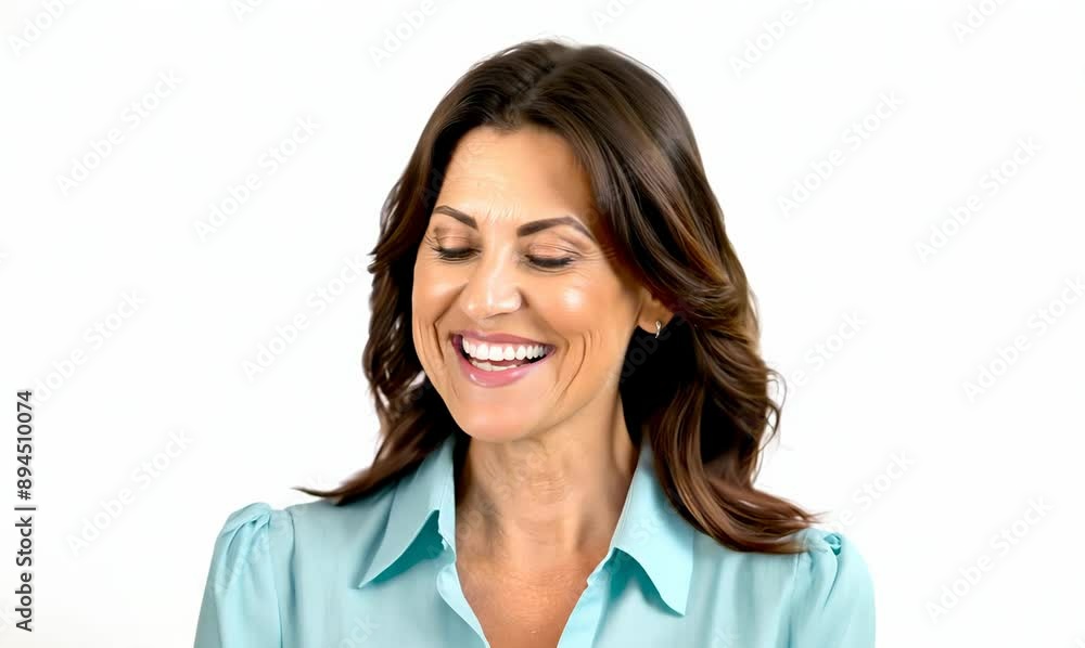 Smiling happy woman with long brunette hair in light blue blouse in her 40s on white background Smiling happy woman with long brunette hair in light blue blouse in her 40s on white background