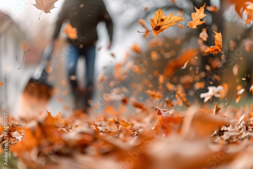 Man Blowing Leaves in Fall