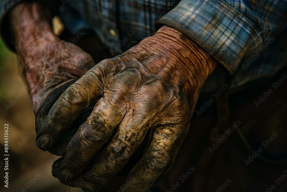 Closeup of the weathered hands of an elderly manual laborer. Showcasing the deep lines. Wrinkles. And texture that reflect a lifetime of hard work. Dedication Closeup of the weathered hands of an elderly manual laborer. Showcasing the deep lines. Wrinkles. And texture that reflect a lifetime of hard work. Dedication