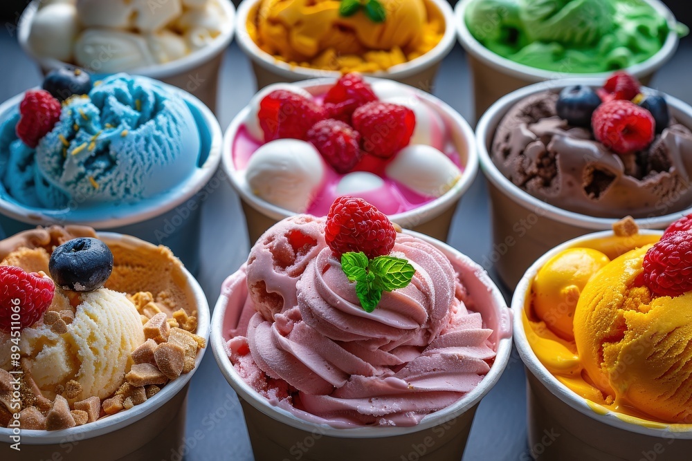 A variety of colorful ice creams in cups, decorated with fruits like raspberries and blueberries, as well as different delicious toppings, all placed in a neat arrangement. A variety of colorful ice creams in cups, decorated with fruits like raspberries and blueberries, as well as different delicious toppings, all placed in a neat arrangement.