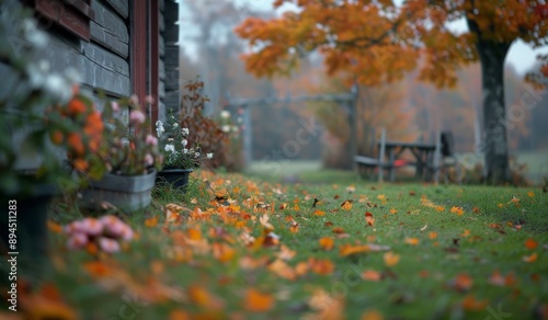 Autumn Flowers Near Log Cabin