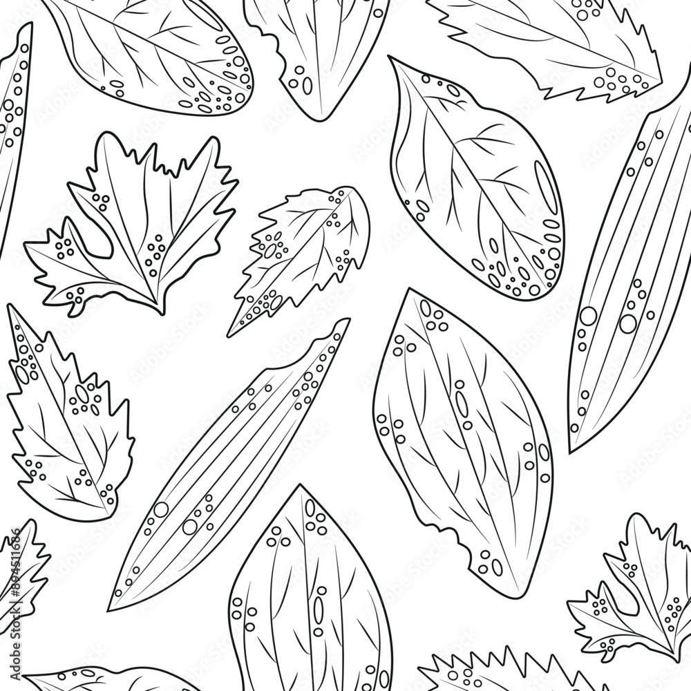 seamless pattern of various autumn leaves from various trees and bushes in abstract style drawn with black outline seamless pattern of various autumn leaves from various trees and bushes in abstract style drawn with black outline