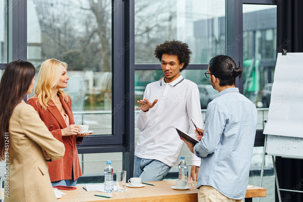 A diverse group of professionals discussing ideas around a table in a meeting room. A diverse group of professionals discussing ideas around a table in a meeting room.