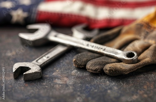 Worn Work Gloves and Wrench on American Flag
