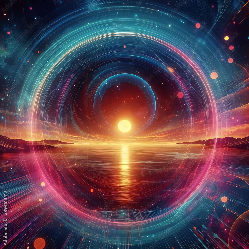 A holographic representation of a tranquil sunset, with colors A holographic representation of a tranquil sunset, with colors
