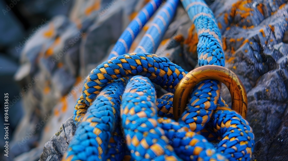 climbing equipment - carabiners, helmet and blue rope. climbing equipment - carabiners, helmet and blue rope.