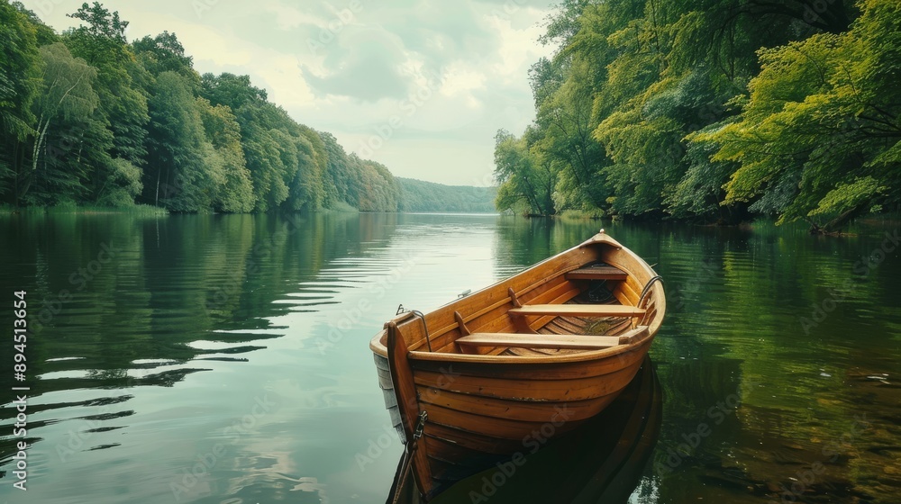 Ruderboot auf einem ruhigen See. Romantischer Moment mit Platz für Text. Ruderboot auf einem ruhigen See. Romantischer Moment mit Platz für Text.
