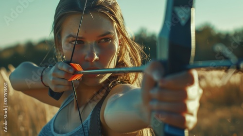 Entschlossene Bogenschützin im Wald – Kraftvolle Haltung und fokussierter Blick