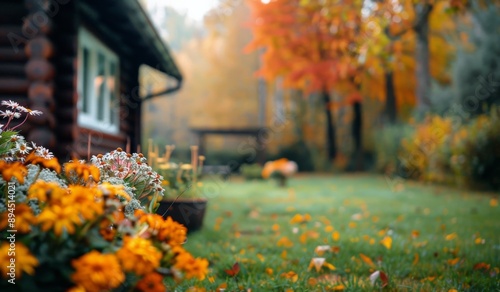 Autumn Flowers Near Log Cabin