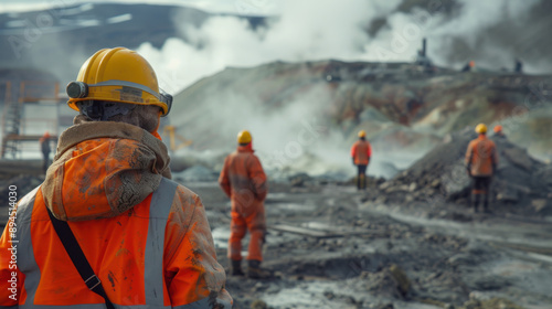 Construction workers in protective gear work at a smoky industrial site, emphasizing labor, industry, and safety precautions.