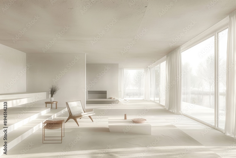 modern living room with white walls, concrete floor, white sofa and armchair modern living room with white walls, concrete floor, white sofa and armchair