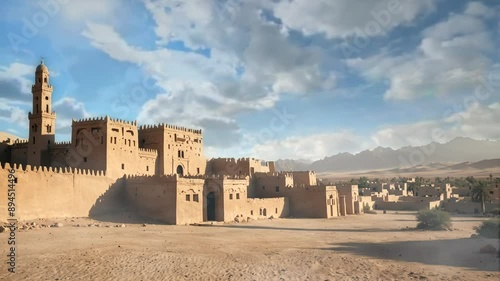 animation of a mosque building in the desert